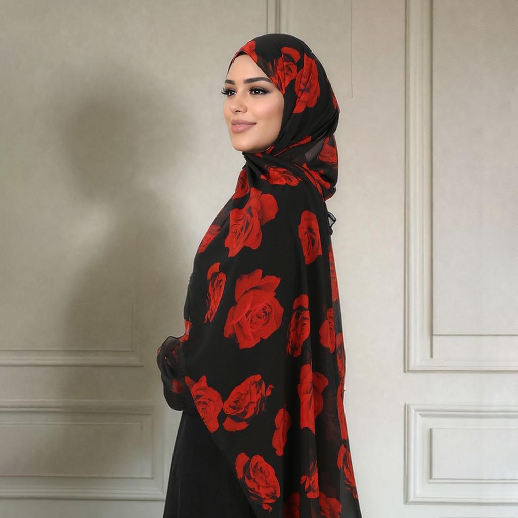 Rose Printed Chiffon Hijab Scarf Muslim Fashion Floral Printed Shawl Women Premium Chiffon Headscarf Beautiful Hair Wraps