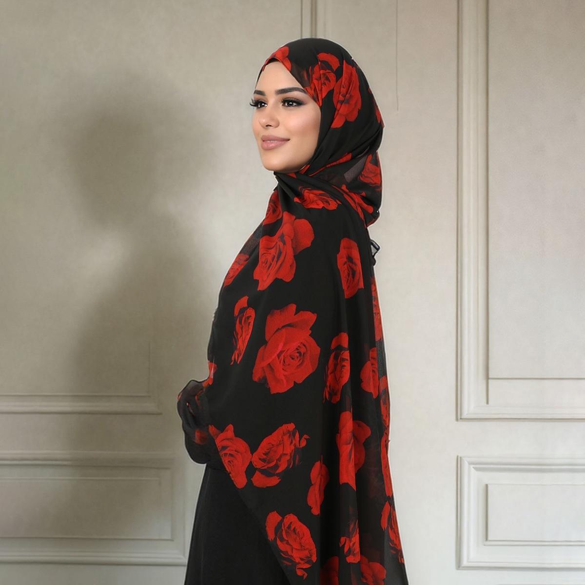 Yto Scarf Women's Rose Printed Chiffon Hijab Scarf Muslim Fashion Floral Printed Shawl Premium Chiffon Headscarf Beautiful Hair Wraps