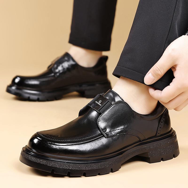 2026 Spring New Fashion Men Leather Loafer Slip-On with Metal Buckle Comfortable Rubber Anti-Slip Thick Sole for Business Casual