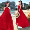 Belle Robe Bleue à Col Halter pour Vacances au Bord de la Mer, Robe Plissée Piano Irrégulière pour le Voyage