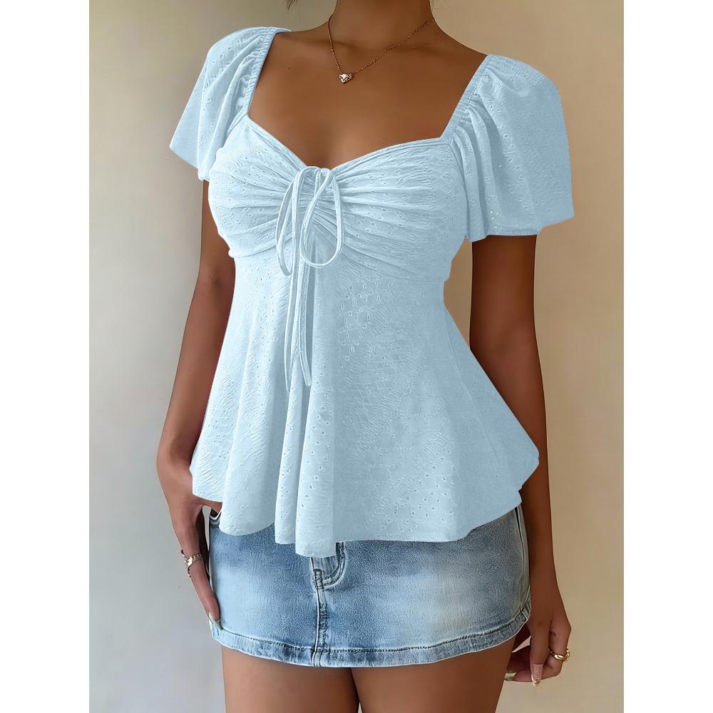 T-shirt da Donna Estiva a Maniche Corte, Scollo a V con Coulisse e Effetto Arricciato, Top Blusa Sexy Casual alla Moda per Tutti i Giorni