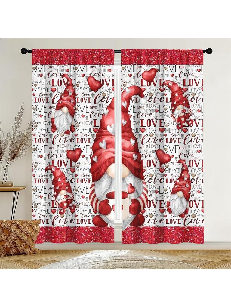2pcs Red Love Gnome & Heart Printed Curtains, Ideal for Valentine's Day Window Decor, Romantic Home Bedroom Living Room Decor