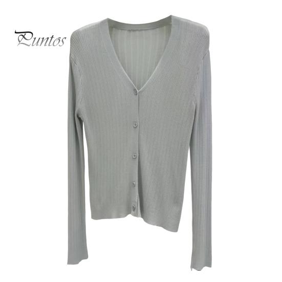 Sun Knit Cardigan for Women Long Sleeve V-Neck Button Up Thin Ice Silk Coat Summer Ribbed Cropped Top for Outdoor Travel Work Beach