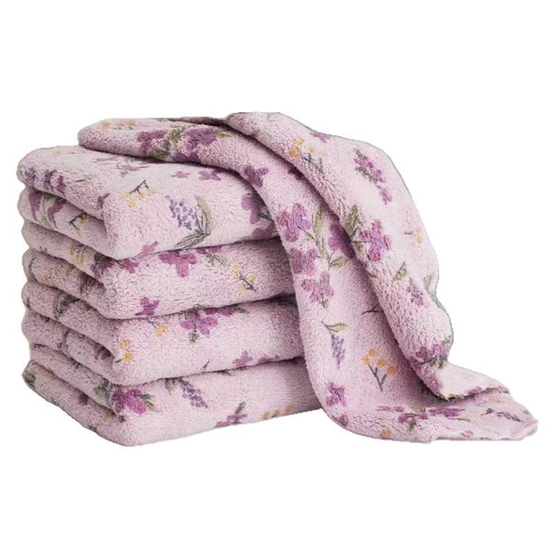5-Piece Purple Floral Quick-Dry Water-Absorbing Coral Fleece Cleaning Cloth Set for Kitchen and Bathroom