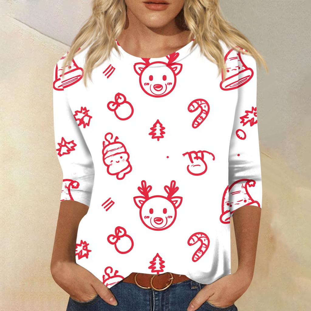 Women's Fashion Casual Round Neck Three-quarter Sleeve Christmas Print T-shirt Top