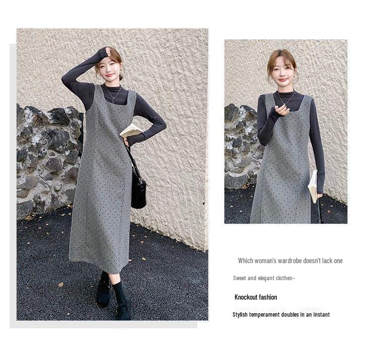 Gray Polka Dot Wool Vest Dress - Korean Style, Autumn/Winter Collection