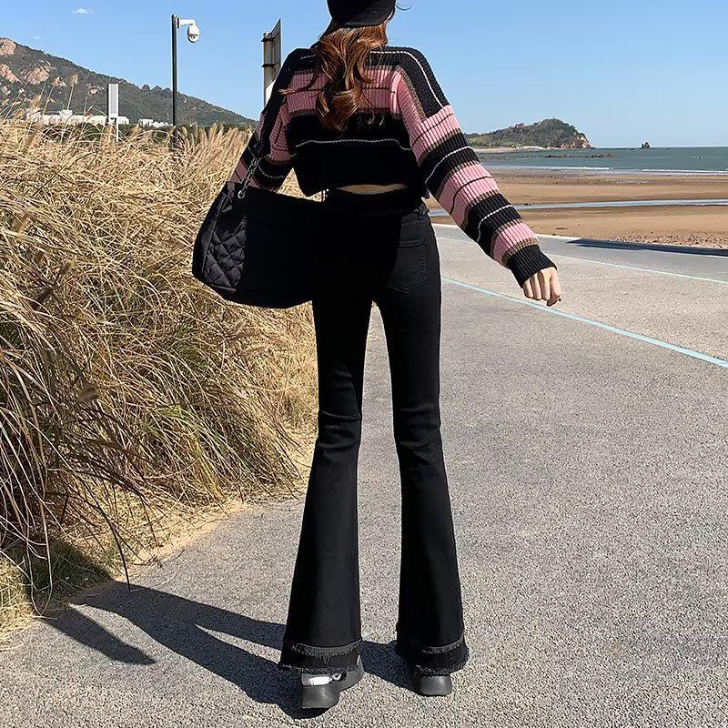 Women's High-Waisted Slimming Black Micro Flare Jeans with Raw Edge - Autumn 2024 Collection