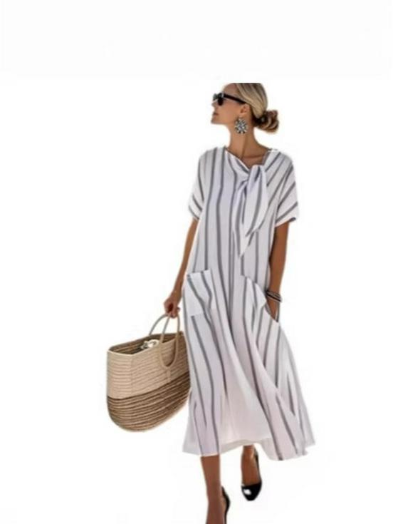 Temperament Bow Pocket Short Sleeve Loose Maxi Dress