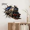 Durable Scratch Resistant Wall Cover 3D Retro Train Sticker, Break Through Decal, Peel and Stick Art Non Damaging Stickers Mural for Kids Room Bedroom