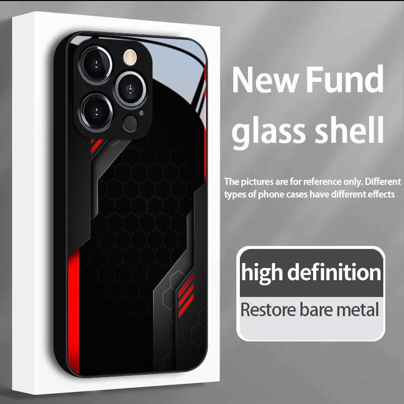Tech inspired black and red tempered glass phone case suitable for iPhone 17 16 15 14 13 12 11 Pro Max Plus scratch resistant