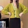 Retro Buckle Contrasting Color V-neck Fashionable Sweater Jacket for Autumn and Winter Loose Long Sleeved Short Knit Cardigan Top