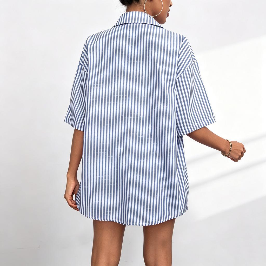 Women's Casual Two Piece Set Striped Short Sleeve Button Down Shirt with Elastic Waist Shorts Lightweight Summer Outfit