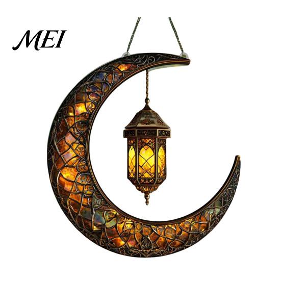 Colorful Glass Suncatcher 2D Acrylic Star Moon Lantern Suncatcher, Crescent Window Hanging Ornament Decoration for Home, Patio, Garden, Ramadan Decor,
