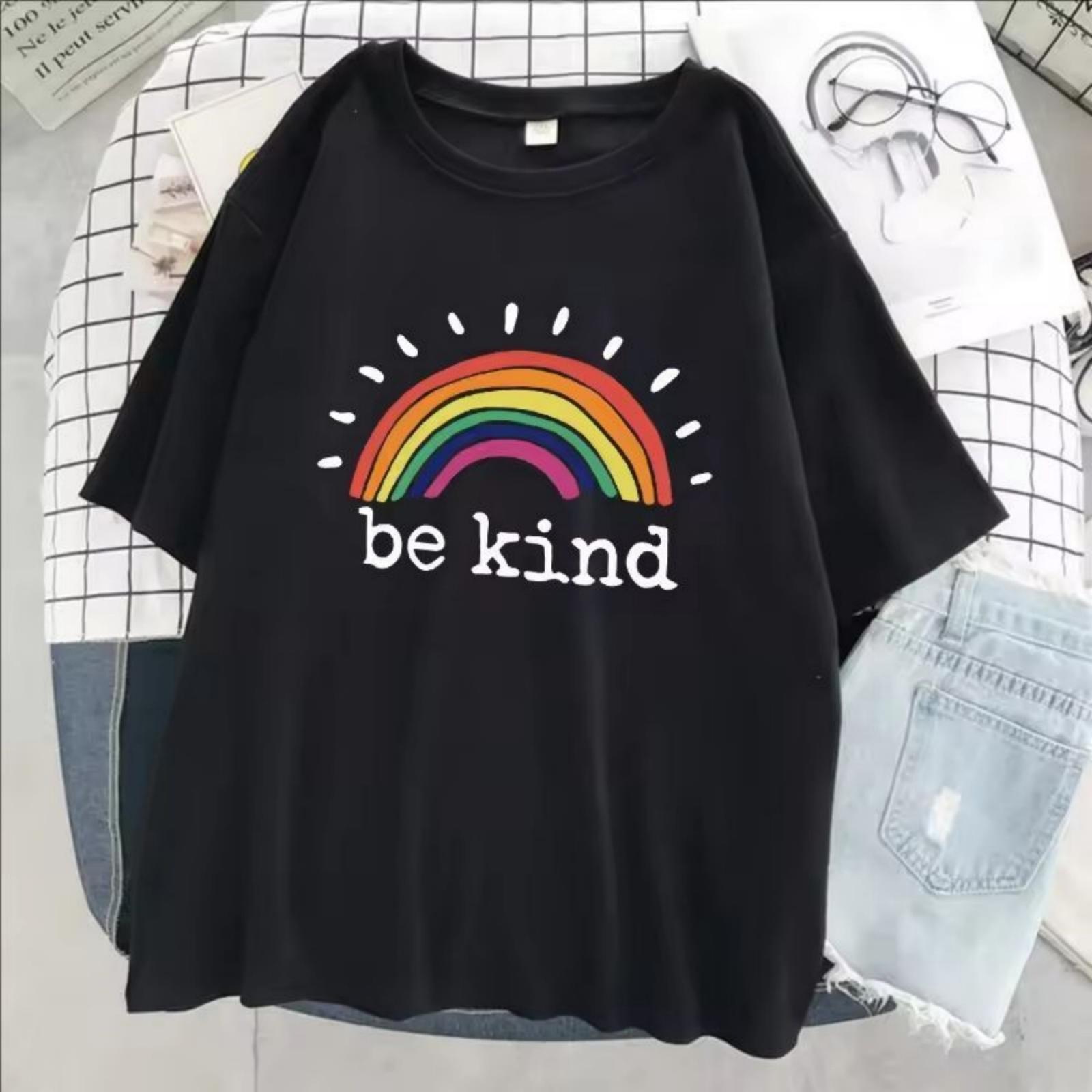 

Be Kind A Glowing Rainbow Womens T Shirt Cotton Cool Tshirt Street Oversized Short Sleeve Fashion Breathable Tee Clothes XXXXXL чорний