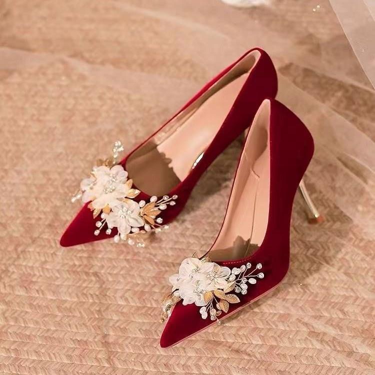 Fashion Classic Pumps Female Wedding Party Slip On Thin High Heels Pointed Toe Women Shoes Flower Crystal Bling Summer Shoes