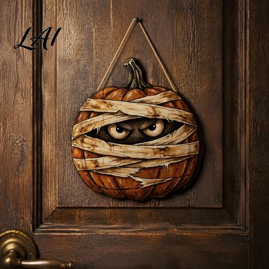 Rustic Farmhouse Entryway Sign Halloween Mummy Pumpkin Hanging Sign Retro Wooden Pendant with Office Window Ornament Hemp Rope for Front Door