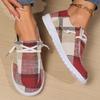 Women Plaid Canvas Shoes, Women Lace‑Up Casual Flats,Casual Single Shoes, Round Toe Large Size Daily Sneakers
