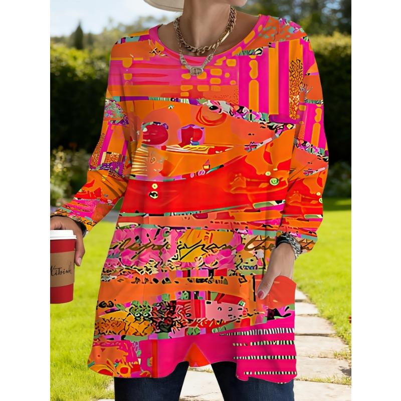 Women s plus size retro printed loose long-sleeved T-shirt with pockets for women autumn trendy and versatile fashion top S