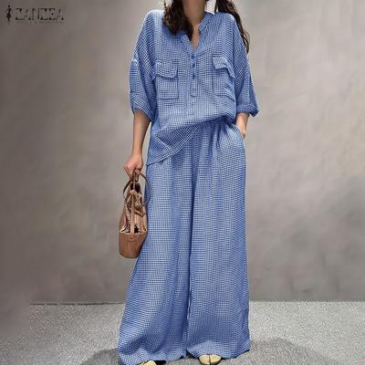 Women Half Sleeve Blouse and Pants Plaid Print Casual Two Piece Sets