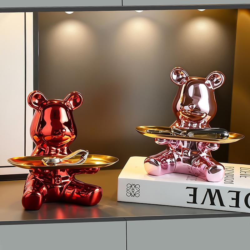 Scultura Artistica di Orso Assortito con Vassoio in Metallo Statuetta Decorativa per Ingresso, Soggiorno, Scrivania d'Ufficio e Esposizione in Casa
