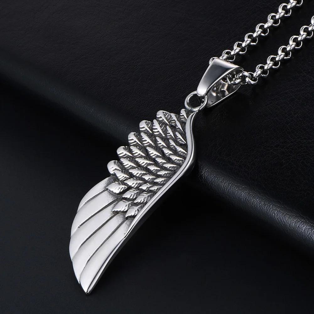 Retro Fashion Feather Angel Wing Necklace Pendant for Men Punk Stainless Steel Feather Pendant Men Women Jewelry Accessories