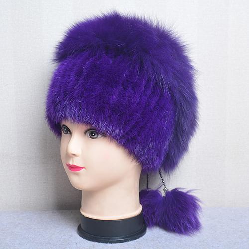Hot Sale Real Mink Fur Hat For Winter Women Imported Knitted Mink Cap With Fox Fur High Quality Women Warm Real Fur Beanies Hat