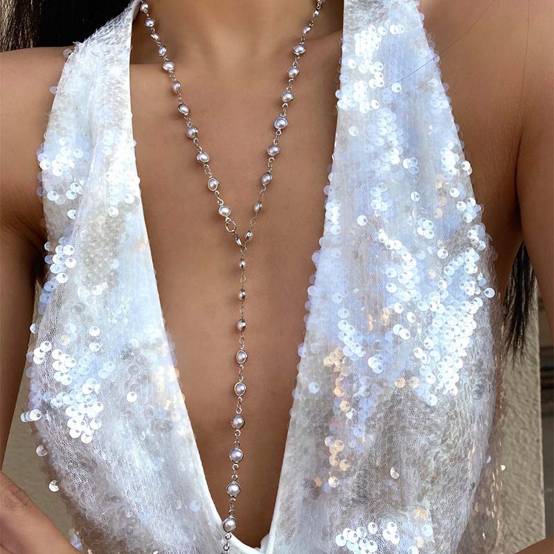 Vintage White Imitation Pearl Tassel Necklace for Women Fashion Gold Color Handmade Beaded Clavicle Chain Necklace Jewelry
