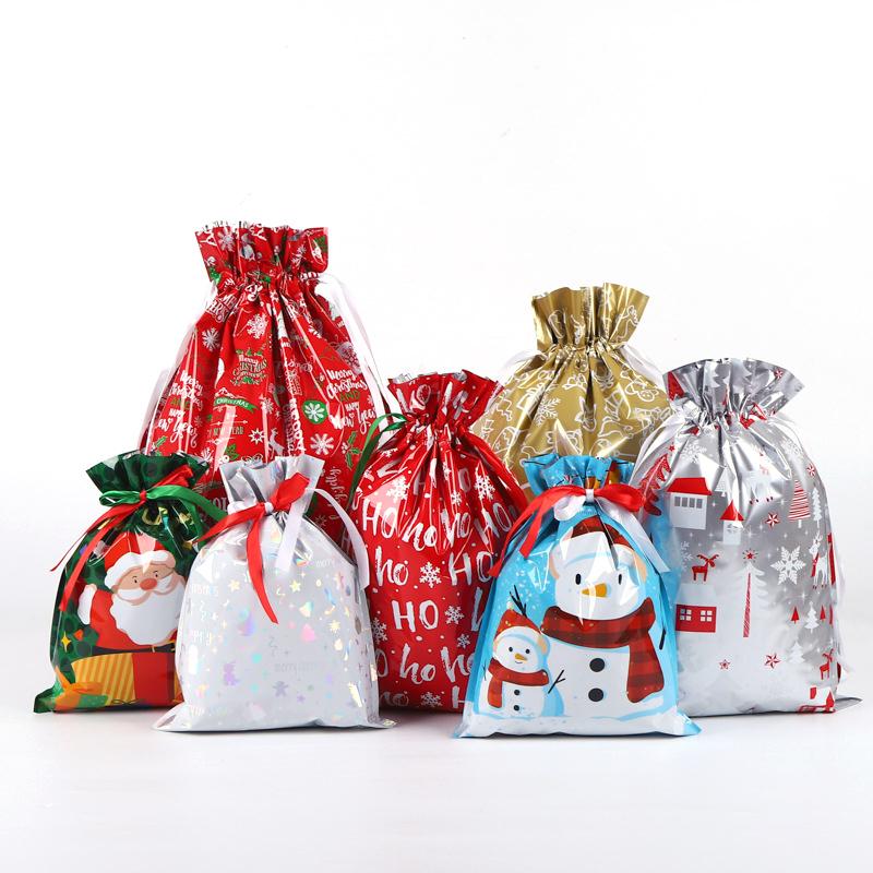 10pcs  Christmas Drawstring Gift Bag Party Children Kid Candy Gift Bag Aluminum Foil Box Happy New Year Xmas Eve 2025
