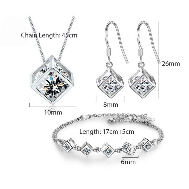 5 Style 925 Sterling Silver Jewelry Sets Zircon Square Cube Necklace +Earrings +Bracelet for Women Gift