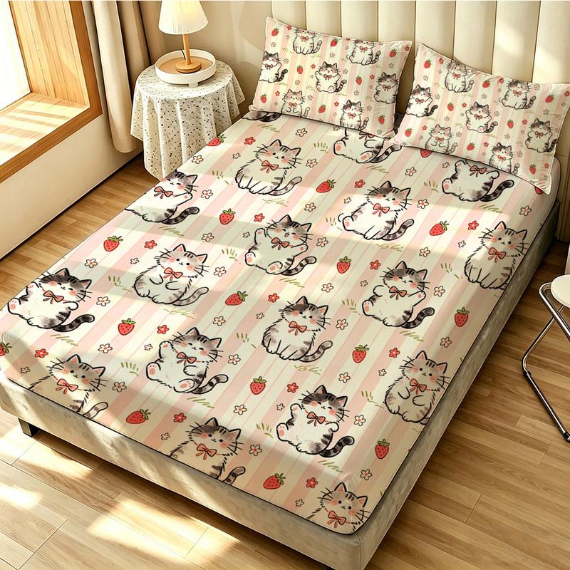 3pcs Cartoon Bear Kitten Printed Chipless Bed Sheet Set Multiple Sizes Soft Bed Cover Bedroom Bedding Decoration, Gift Bedding