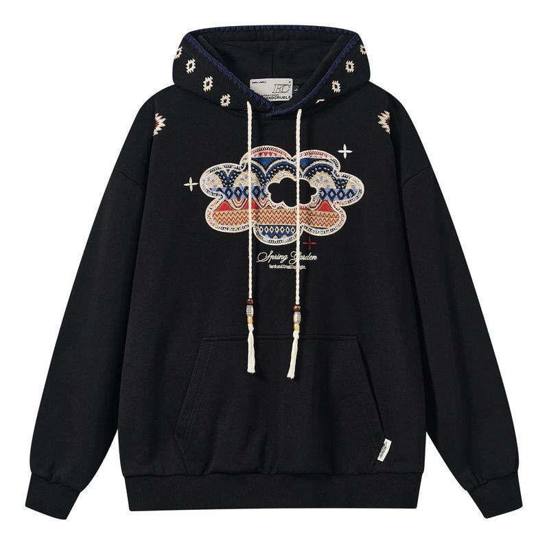 Hacr Ethnic Style Patchwork Embroidered Hoodie, Trendy Loose and Casual Couple's Sweatshirt for Women