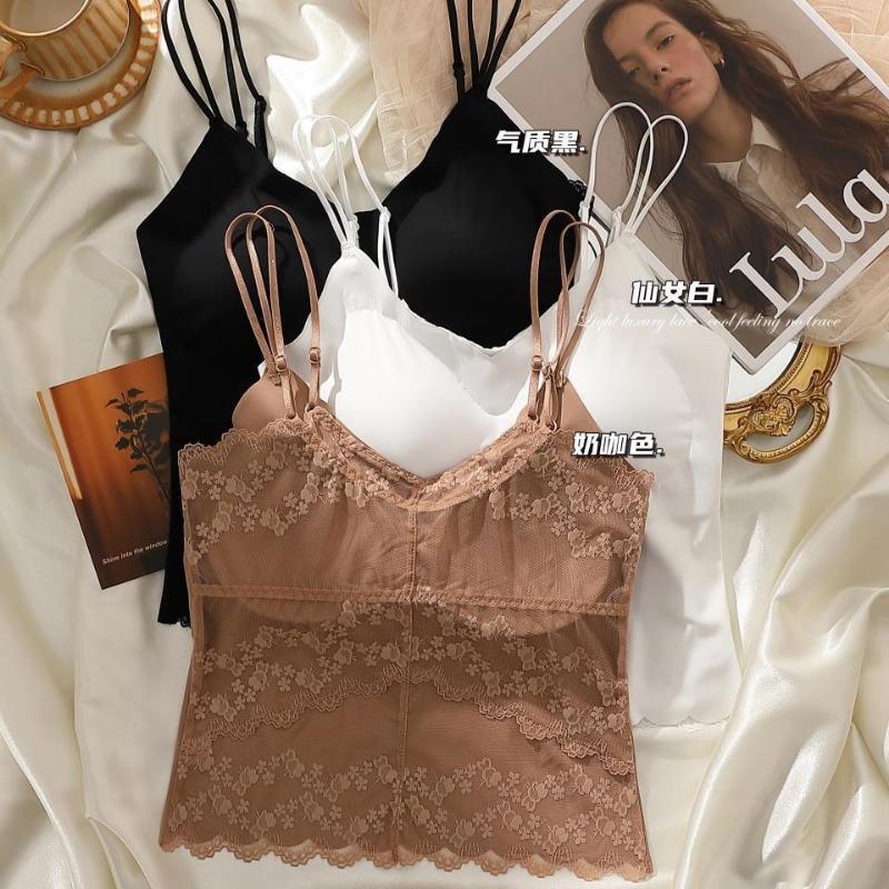 Women Sexy Small Fragrance Lace Splicing V Neck Camisole Vest With Built In Bra