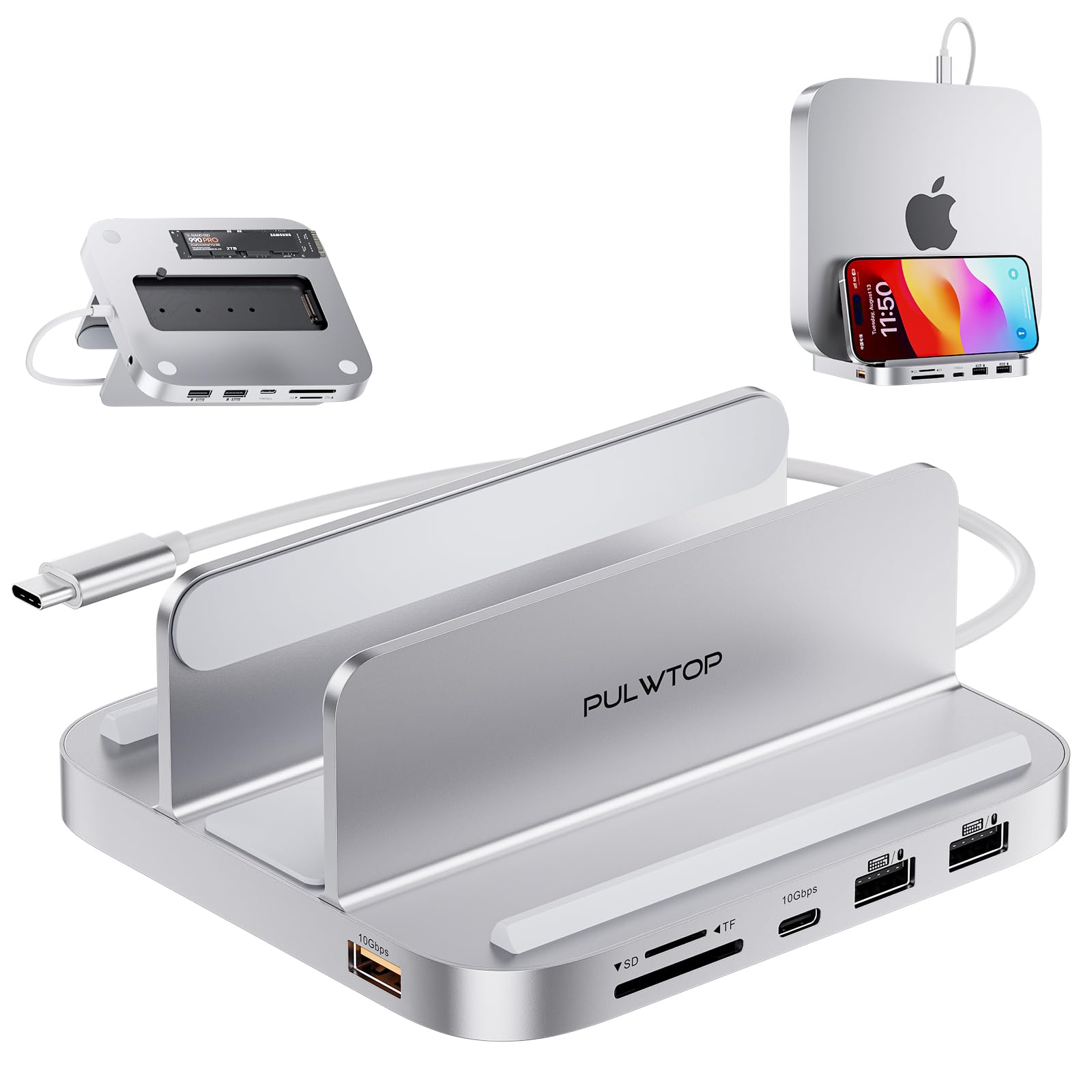 

PULWTOP 8-в-1 USB-C хаб-подставка для Mac Mini Pro Вертикальная 1 x gen 2 2 x 1 x Аудио 1 x Расширенный слот PCIe SSD Не M1/M2/M2 USB-C/USB-A 3.2 10 Гбит/с, USB-A