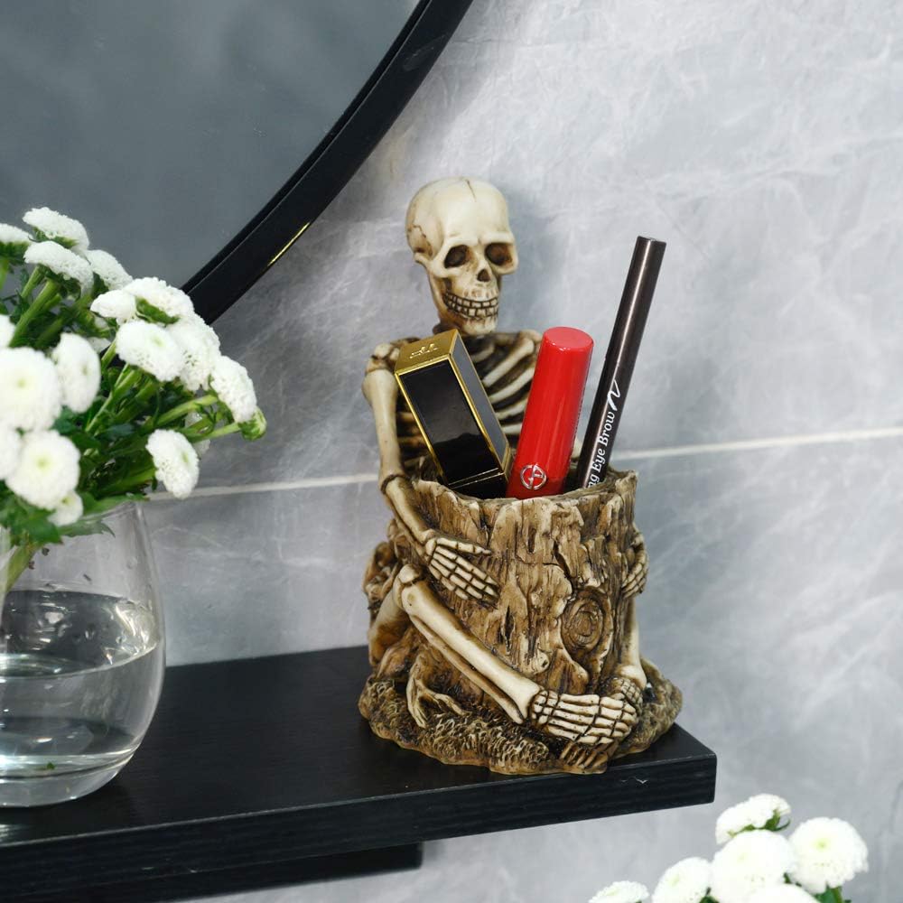 Arola Skull Pen Holder Skeleton Key Holder Makeup Brush Holder Home Office Desk Supplies Organizer Accessory