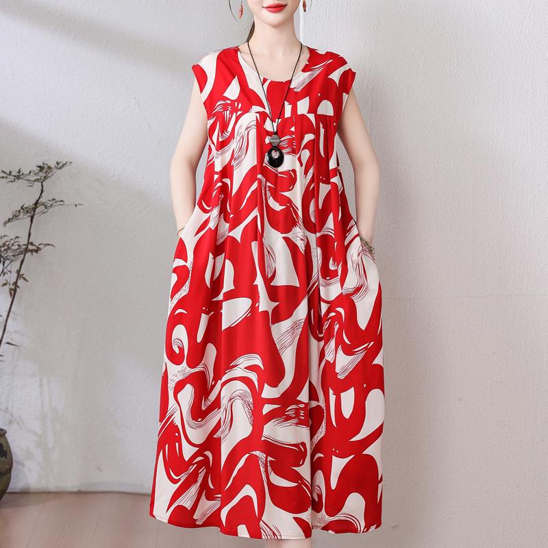 Plus Size Sommer Vintage Kleid Frau Oversize Lose ärmellose lässige elegante lange Kleider