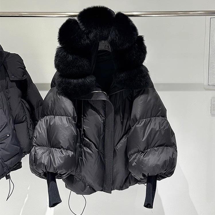 European winter new raccoon big fur collar hooded down jacket women's medium and long thickened warm knitted sleeve jacket
