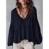2026 Spring and Autumn Casual Sweet Ruffled Puff Sleeve Pleated Shirt Women's V-Neck Top
