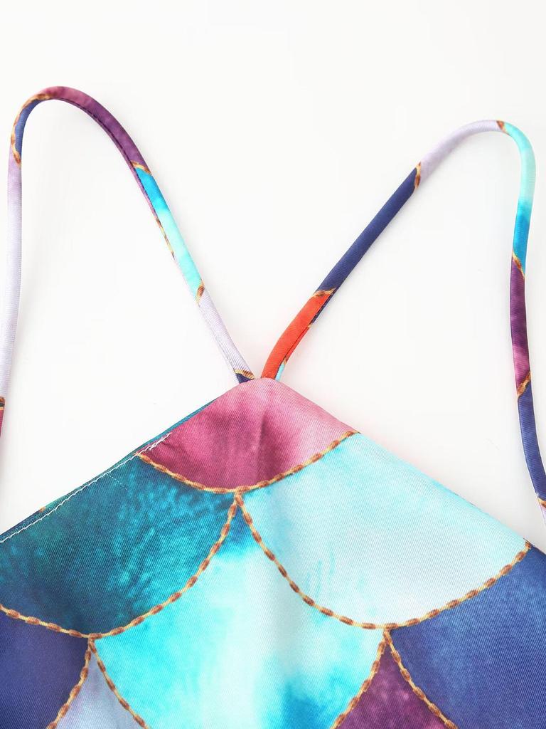 2025 Spring Women's European-American Style Satin Print Halter Dress