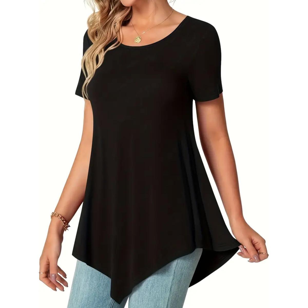 

Trendy Plus Size Loose Crew Neck Irregular Hem Women s Short Sleeve T-shirt Top S чёрный