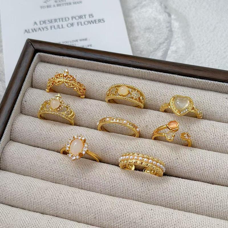 Diamond-Set Retro Light Luxury High-End Medium And Ancient Style Imitation Opal Opening Adjustable Ring Ring