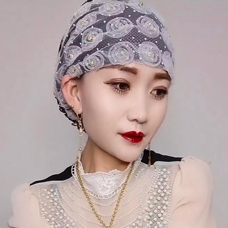 Beautiful Diamonds Flower Women'S Lace Turban Hat Breathable Mesh Summer Muslim Headwear Hat Female Daily Beanie Hair Wraps