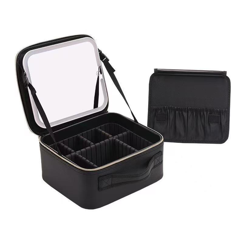 Portable LED Makeup Bag with Full Screen Mirror - Large Capacity Cosmetics Organizer