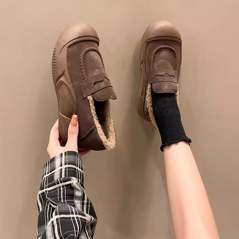 Thick-soled Fluffy Shoes for Women's Autumn and Winter 2025 New Outer Wear, Velvet Warm Cotton Shoes, One Pedal, Casual Loafers for Women