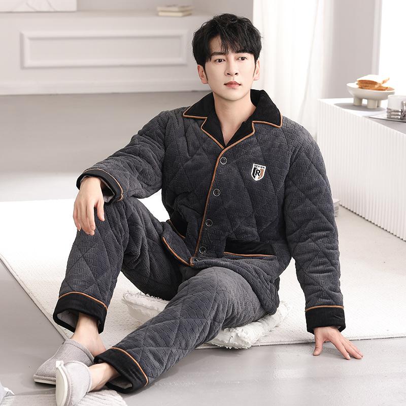 Men's Pajamas Autumn and Winter Coral Fleece Three-layer Padded Fleece Thickened Flannel Padded Jacket Warm Loungewear Set