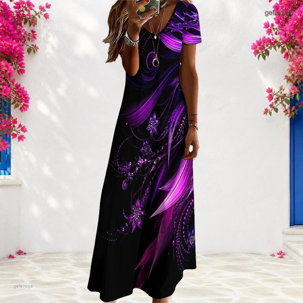 Women Plus Size V Neck Short Sleeve Printed Black Long Maxi Dress