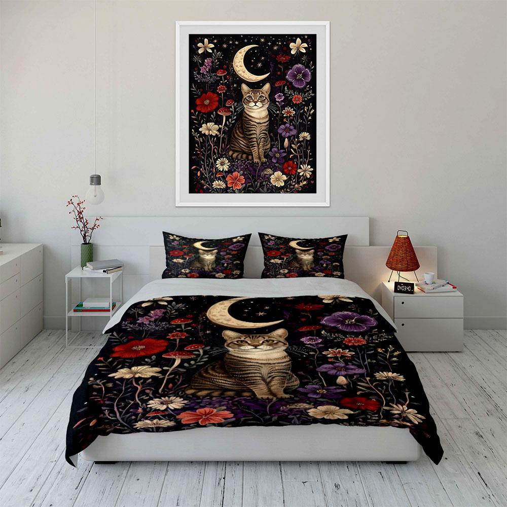 Cat, crescent moon, flowers. Bedding sets Duvet cover sets Duvet covers Pillowcases(1 * Duvet Cover 2 * Pillowcases without duvet insert)