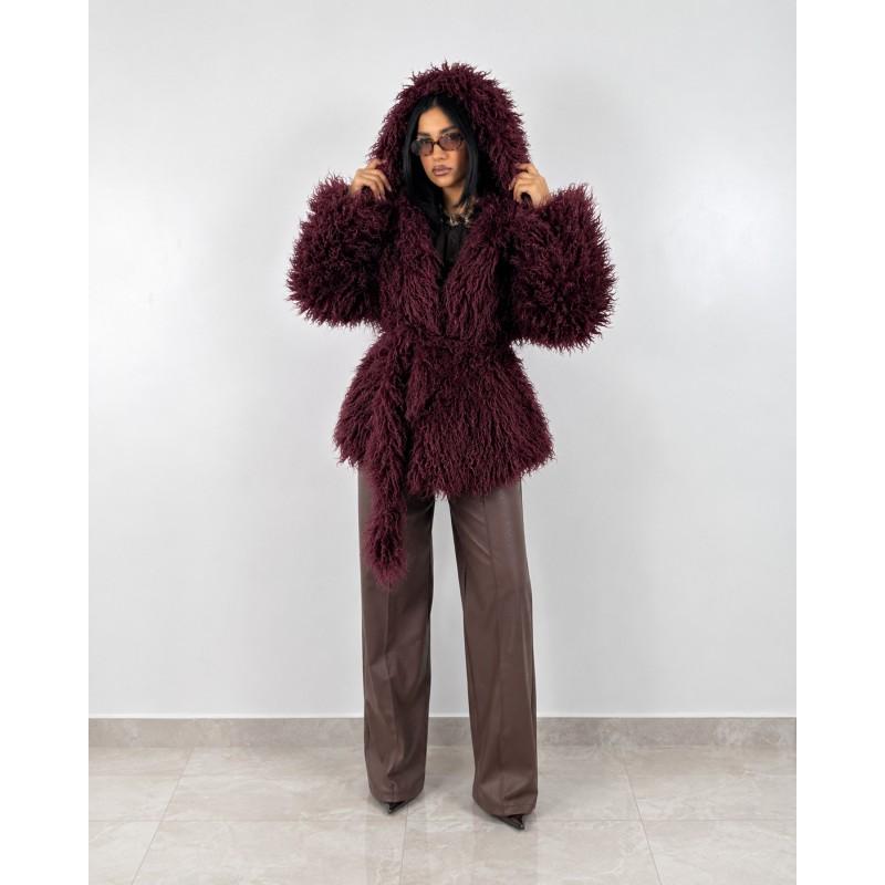 Womens Oversized Faux Fur Coat With Hood Longline Streetwear Winter Jacket In Beige Chocolate Wine Red