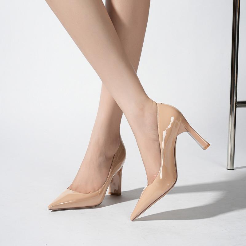 Nude Pointed Thick Heel High Heels Women's Shallow Mouth New Soft Leather with Skirt Spring and Autumn Professional Single Shoes
