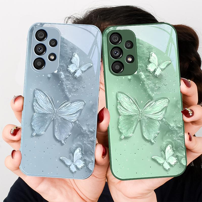 Golden Butterfly Pink For Samsung Galaxy S23 U Ltra 24 Plus S20 21 FE S25 Ultra A70 A72 73 51 52 53 Tempered Glass Phone Case