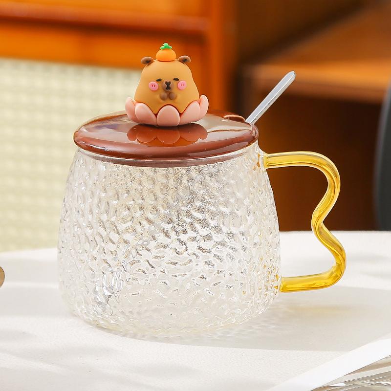 Capibara glass cup high temperature resistant mug with lid spoon summer cup girls home breakfast